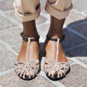 Maurices Trixie T-Strap Flats Shoes Size 10 Beige Cut Out Bejeweled New with Box